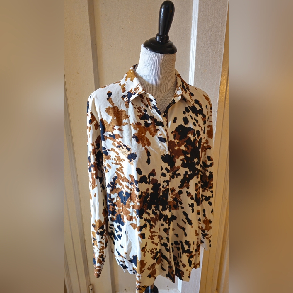 Lysse Women's Abstract Patterned Brown and Black Shirt Top Size XL